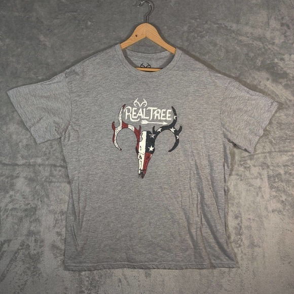 Realtree Shirt Men's XL Ggrey Short Sleeve Classic Fit Tee Deer‎ Skull Flag - Picture 1 of 7